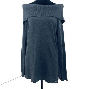 Calvin Klein Gray Foldover Off Shoulder Long Sleeve Knit Sweater Women's Medium